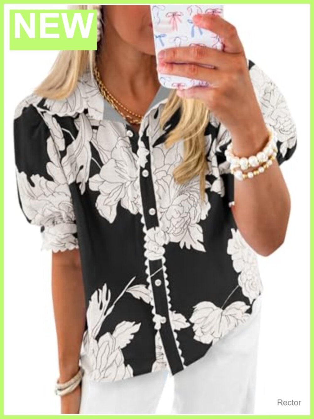 Cicy Bell Womens Floral Puff Sleeve Button Down Blouse V-Neck Summer Top